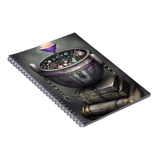 Antiek Steampunk Cauldron op Stack of Spell Books Notitieboek (Rechterzijde)