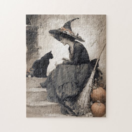 Antiek stijl heks en kattenkunst legpuzzel (Verticaal)