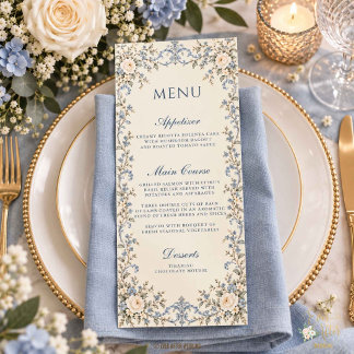 Antiek Stofblauw Wit Bloemmotief Bruiloft Menu