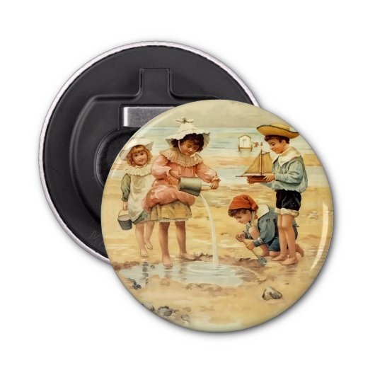 Antiek Strand Jongen Meisje Kinderen Fine Art Button Flesopener (Voorkant)