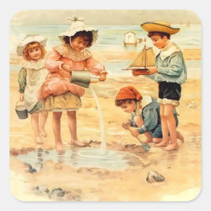  Antiek Strand Jongen Meisje Kinderen Fine Art Vierkante Sticker
