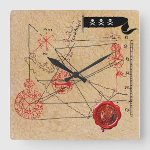 ANTIEK TALISMAN / PIRATEN BEHANDELING KAART PARCHM VIERKANTE KLOK