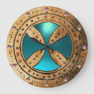 ANTIEK TEMPLAR CROSS Aqua Blue Gem Grote Klok