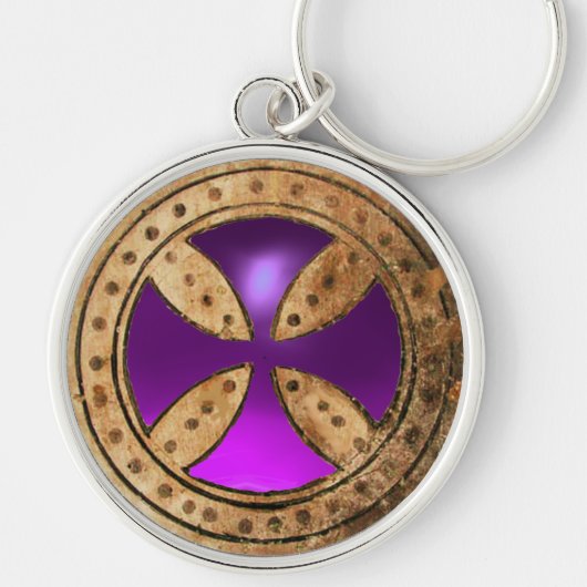 ANTIEK TEMPLAR CROSS Paars Amethyst Gem Sleutelhanger (Voorkant)