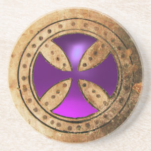 ANTIEK TEMPLAR CROSS Paars Amethyst Gem Zandsteen Onderzetter