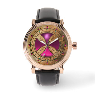 ANTIEK TEMPLAR CROSS Pink Fuchsia Gem Horloge