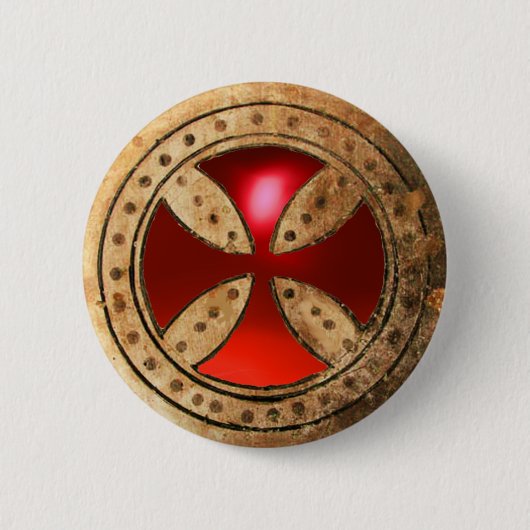 ANTIEK TEMPLAR CROSS Red Ruby Gem Ronde Button 5,7 Cm (Voorkant)