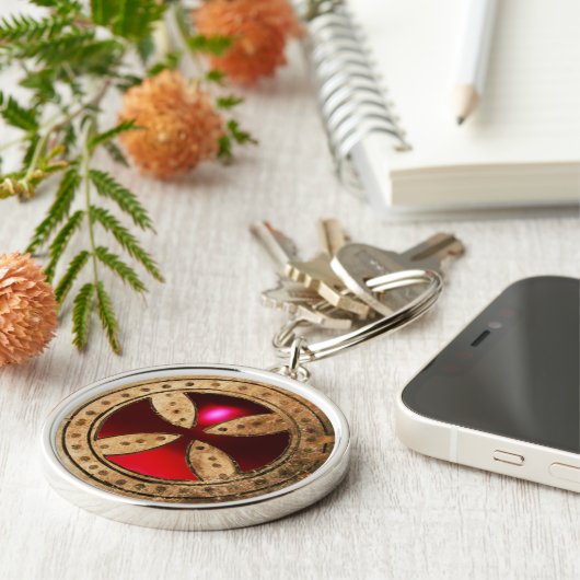 ANTIEK TEMPLAR CROSS Red Ruby Gem Sleutelhanger (Zijkant)