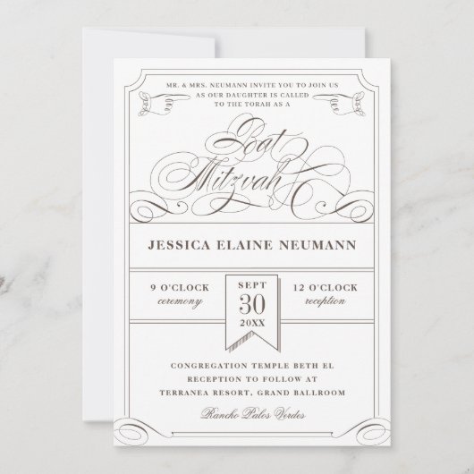 Antiek Ticket  Bat Mitzvah Kaart (Voorkant)