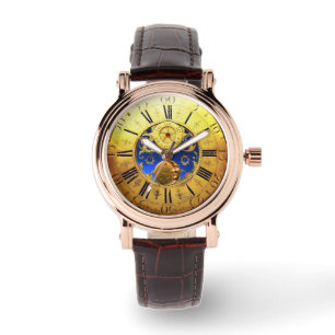 ANTIEK TIJD, zon, maan en sterren, blauw goudgeel Horloge