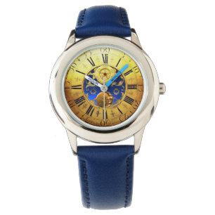 ANTIEK TIJD, zon, maan en sterren, blauw goudgeel Horloge