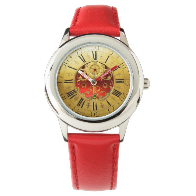 ANTIEK TIME Red Ruby Gemstenen, goudgeel Horloge (Voorkant)