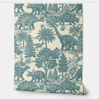 Antiek toile-patroon met dinosaurussen behang