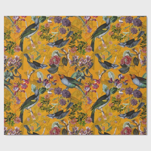 Antiek tropische bloem en oerwoud van vogels op ge cadeaupapier (Vlak)