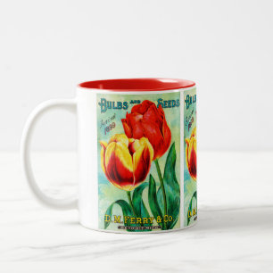 Antiek tuin reclame, geel rode tulpen tweekleurige koffiemok