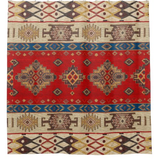 Antiek Turks Bord Goud Rood Kilim Tapijt Douchegordijn (Voorkant)