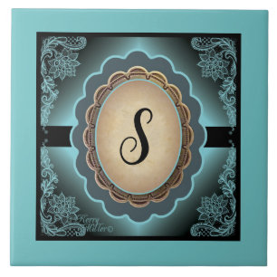Antiek Turquoise Lace Monogram Ceramische Tegel Tegeltje