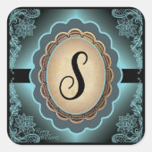 Antiek Turquoise Lace Monogram Sticker (Voorkant)