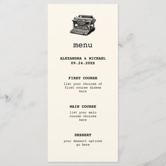 Antiek Typewriter Bruiloft Menu (Voorkant)