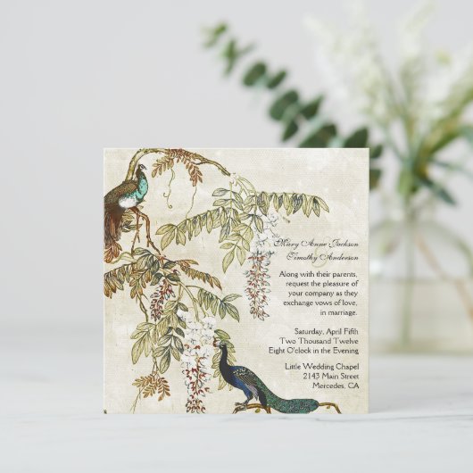 Antiek uitnodiging voor Peacock Wedding (Staand voorkant)