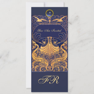 Antiek vaartuig,Dolfijnen,Geel,Navy Blue Monogram Kaart