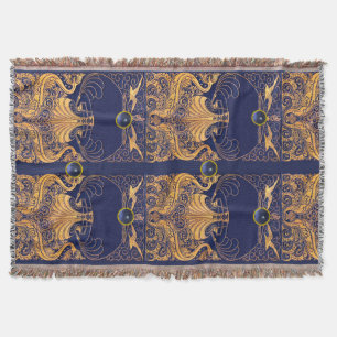 Antiek vaartuig,Dolfijnen,Gold,Navy Blue Nautical Deken