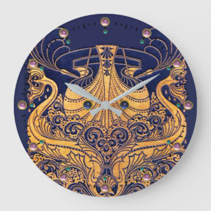 Antiek vaartuig,Dolfijnen,Gold,Navy Blue Nautical Grote Klok