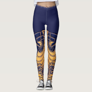Antiek vaartuig,Dolfijnen,Gold,Navy Blue Nautical Leggings