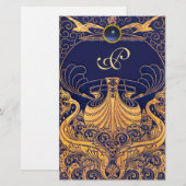 Antiek vaartuig,Dolfijnen,Goud,Blauw marinemonogra Briefpapier (Voorkant / Achterkant)