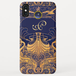 Antiek vaartuig,Dolfijnen,Goud,Blauw marinemonogra iPhone XS Max Hoesje