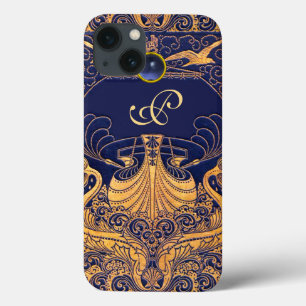 Antiek vaartuig,Dolfijnen,Goud,Blauw marinemonogra iPhone 13 Hoesje