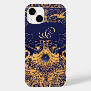 Antiek vaartuig,Dolfijnen,Goud,Blauw marinemonogra Case-Mate iPhone 14 Hoesje