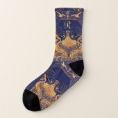 Antiek vaartuig,Dolfijnen,Goud,Blauw marinemonogra Sokken (Links - buitenkant)