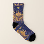 Antiek vaartuig,Dolfijnen,Goud,Blauw marinemonogra Sokken (Links binnenkant)