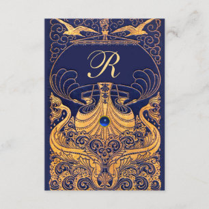 Antiek vaartuig, dolfijnen, goud, marineblauw informatiekaartje