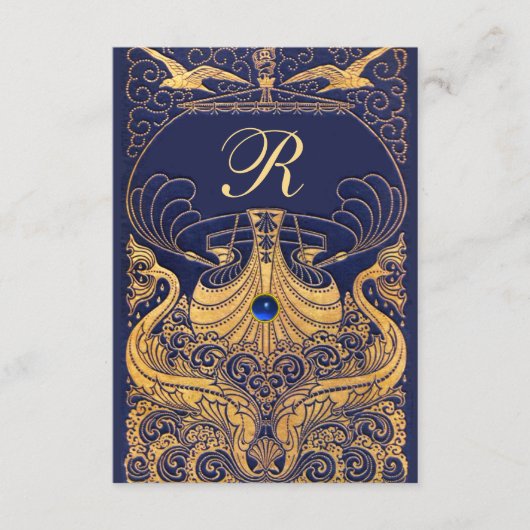 Antiek vaartuig, dolfijnen, goud, marineblauw informatiekaartje (Voorkant)