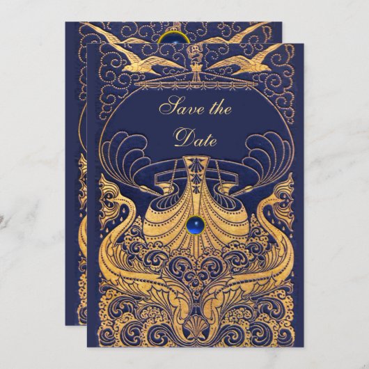 Antiek vaartuig, dolfijnen, goud, marineblauw save the date (Voorkant / Achterkant)