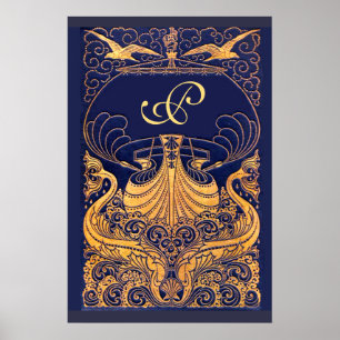 Antiek vaartuig,Dolfijnen,Goud,Navy Blauwe Monogra Poster