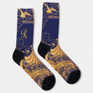 Antiek vaartuig,Dolfijnen,Goud,Navy Blauwe Monogra Sokken