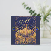 Antiek vaartuig,Dolfijnen,Goud,Navyblauw Monogram Kaart (Staand voorkant)