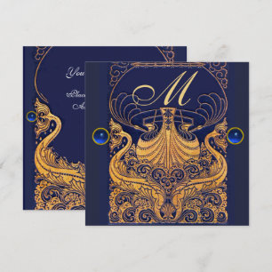 Antiek vaartuig,Dolfijnen,Goud,Navyblauw Monogram Kaart