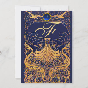 Antiek vaartuig,Dolfijnen,Goud,Navyblauw Monogram Kaart