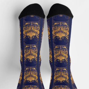 Antiek vaartuig,Dolfijnen,Goud,Navyblauw patroon Sokken