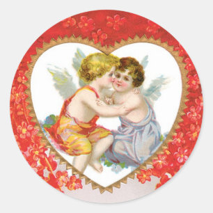 Antiek Valentijn Angel (Cupid) Harthart Ronde Sticker