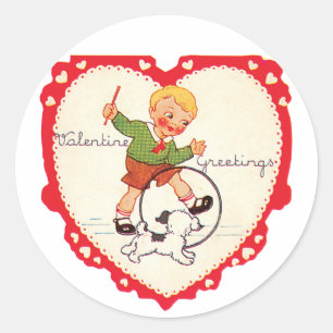 Antiek Valentijn Boy met Puppy Ronde Sticker