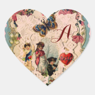 ANTIEK VALENTIJN LACE, CUPID, LOVERS EN BUTTERFLES HART STICKER