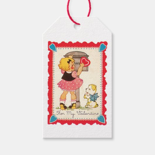 Antiek Valentijn meisje met puppy Cadeaulabel (Voorkant)