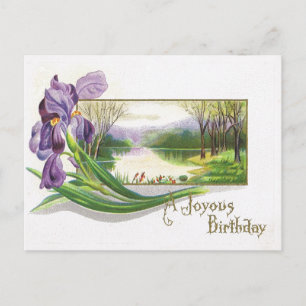 Antiek Verjaardag Post Kaart-Paarse Iris Flower Briefkaart