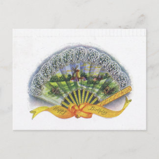 Antiek Verjaardag Post Kaart-Victoriaans Fan, Wind Briefkaart
