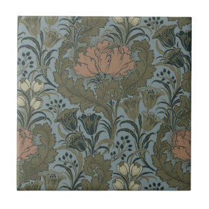 Antiek Victoriaans Bloemmotief Salie Terracotta Tegeltje